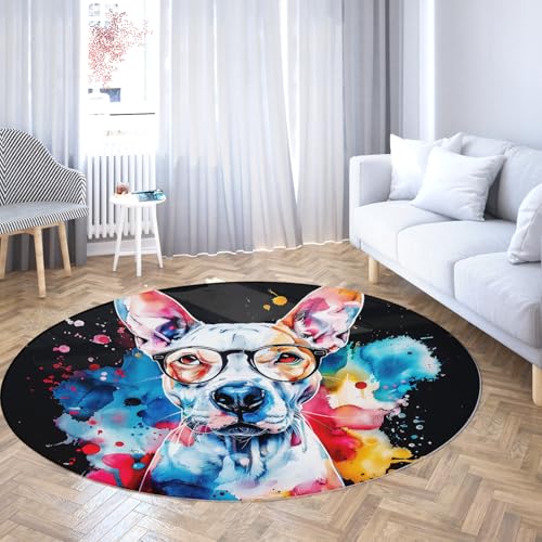 Bunte Doodle Graffiti Runde Fläche Teppich Lustiger Hund mit Brille Waschbare weiche Kreisteppiche Anti Rutsch Wurf Teppich Bürostuhl Matte 120cm von LANDERSION