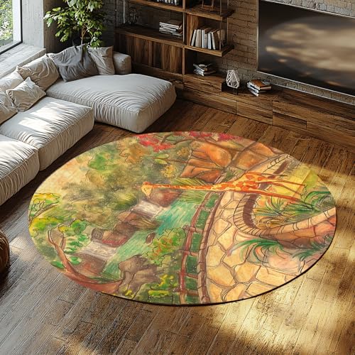 Cartoon Giraffe Print Runder Teppich 120cm rutschfeste waschbare Kreis Teppiche Fußmatte rustikale Bauernhaus Runde Bereich Teppiche für Wohnzimmer Kinderzimmer von LANDERSION