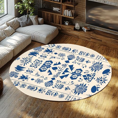 Chic Farmhouse Runde Teppiche Blau symmetrisch Volkskunst Design Kreis Bereich Teppich Tragbarer Rutschfester dünner Teppich für Wohnzimmer Balkon Studio 150cm von LANDERSION
