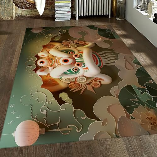 Chinesischer Löwe Tanzbereich Teppich 3D Paper Cut Stil Orientalische traditionelle Dekorteppiche Rutschfester Flauschiger Faltbarer Teppich für Esszimmer Büro 150x210cm von LANDERSION