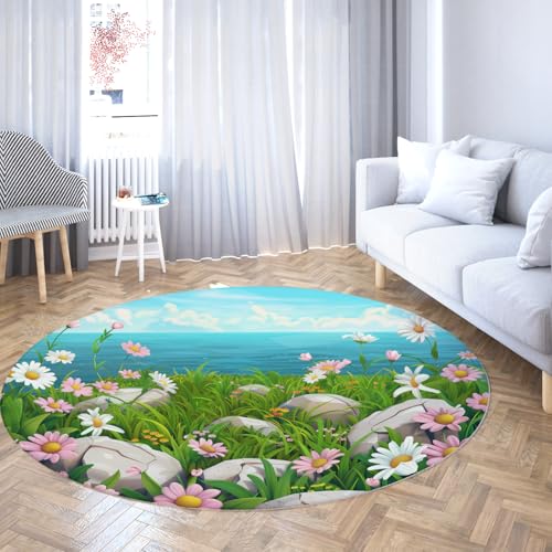 Floral Ocean Cartoon Runder Teppich 150cm Pflanzenstein Gänseblümchen Blau Grün Kreis Teppiche Waschbarer Rutschfester Teppich mit niedrigem Flor für das Kinderzimmer Studie von LANDERSION