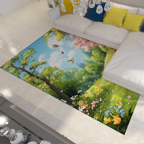Frische Pflanze Wald Teppich Bunte Blumen Rasen mit Vogel Schmetterling Muster Grüner Teppiche Waschbarer Niederflorteppich für Kinderzimmer Küche 90x120cm von LANDERSION