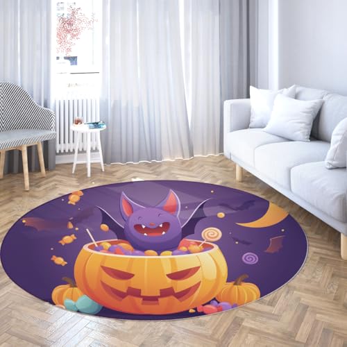 Fröhliche Fledermaus Kürbis Print Runde Teppiche Cartoon Halloween Lila Kreis Bereich Teppich Ultra Soft Anti Rutsch Low Flor Teppich für Kinderzimmer Klassenzimmer 240cm Fröhliche Fledermaus Kürbis Print Runde Teppiche Cartoon Halloween Lila Kreis Bereich Teppich Ultra Soft Anti Rutsch Low Flor Teppich für Kinderzimmer Klassenzimmer 240cm von LANDERSION