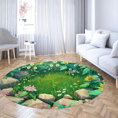 Frühling Dekor Runder Teppich Grün Rasen Gänseblümchen Blumen mit Steinmuster Kreis Bereich Teppich Waschbare Innen Außenteppiche für Küche Terrasse 80cm von LANDERSION