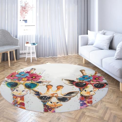 Giraffe Familie Runder Teppich Buntes Tier mit Sonnenbrillendruck Spielteppich Matte Weiche rutschfeste Kreisflächenteppiche für das Klassenzimmer Kinderzimmer 200cm von LANDERSION
