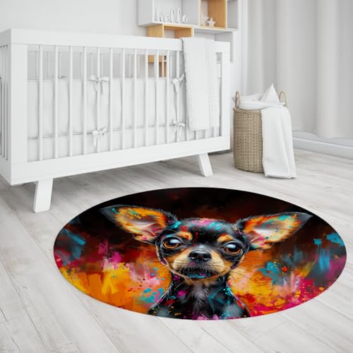 Graffiti Hund Runder Teppich Buntes niedliches Haustier Tier Muster Fußmatten Weicher Rutschfester dünner Kreis Teppich für Bauernhaus Schlafzimmer Kinderzimmer 80cm von LANDERSION