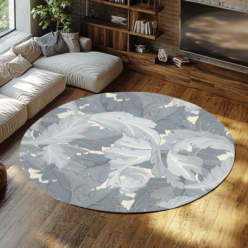 Grauer runder Teppich Tropische Pflanzen Blätter weich Nicht schuppend Rutschfester runder Innenteppich für Wohnzimmer Schlafzimmer Spielzimmer Küche 160cm von LANDERSION