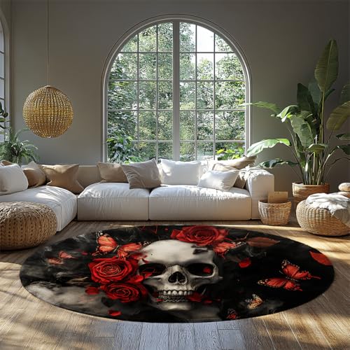 Großer runder Teppich Schädel Schmetterling Gothic Rose Blume Bereich Teppiche für Wohnzimmer Rutschfester weicher Faltbarer Teppich für Schlafzimmer Spielzimmer Schlafsaal 240cm Großer runder Teppich Schädel Schmetterling Gothic Rose Blume Bereich Teppiche für Wohnzimmer Rutschfester weicher Faltbarer Teppich für Schlafzimmer Spielzimmer Schlafsaal 240cm von LANDERSION