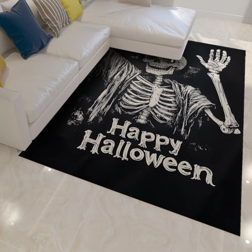 Halloween Dekor Türmatte Lustiger Schädel Skelett Schwarz und Weiß Teppich für Eingangsbereich Rutschfester waschbarer dünner Teppich für Wohnzimmer Flur 160x200cm von LANDERSION