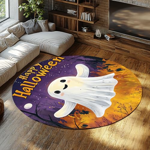 Halloween Ghost Runder Teppich Niedlicher Geist Burning Forest Lila Gelb Cartoon Area Teppiche Waschbarer weicher niedriger Florteppich für Wohnzimmer Küche 80cm Halloween Ghost Runder Teppich Niedlicher Geist Burning Forest Lila Gelb Cartoon Area Teppiche Waschbarer weicher niedriger Florteppich für Wohnzimmer Küche 80cm von LANDERSION