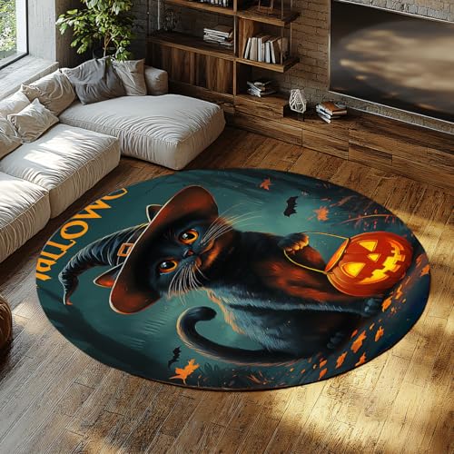 Halloween Katze Runde Fläche Teppiche Kürbis Hexe Hut Mysteriöser Waldtier Kreis Teppich Weicher niedrigfloriger waschbarer Teppich für Kinderzimmer Balkon 160cm Halloween Katze Runde Fläche Teppiche Kürbis Hexe Hut Mysteriöser Waldtier Kreis Teppich Weicher niedrigfloriger waschbarer Teppich für Kinderzimmer Balkon 160cm von LANDERSION