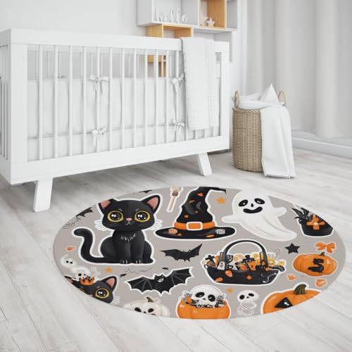 Halloween Runde Bereich Teppiche Weicher Eingangsbereich Teppich Horror Schädel Schädel Geist Hexe Hut Fledermaus Schwarze Katze rutschfeste Kleine Fußmatte für Sofa Kinderzimmer 160cm Halloween Runde Bereich Teppiche Weicher Eingangsbereich Teppich Horror Schädel Schädel Geist Hexe Hut Fledermaus Schwarze Katze rutschfeste Kleine Fußmatte für Sofa Kinderzimmer 160cm von LANDERSION