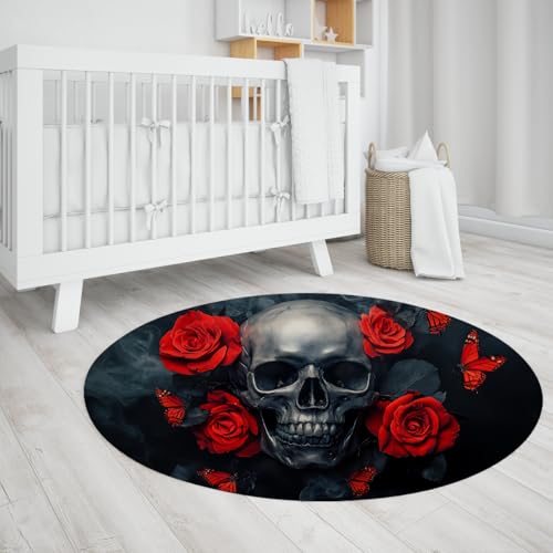 Halloween Schädel Blumen Runde Fläche Teppiche Gothic Horror Schädel Rote Rose Schmetterling Vintage Kreis Teppich für Wohnzimmer Schlafzimmer Klassenzimmer 150cm von LANDERSION