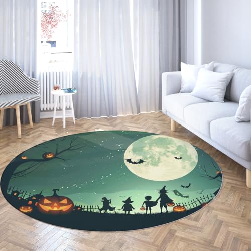 Halloween Thema Runder Teppich Mysteriöser mondbeschienener Himmel Kürbis Silhouetten Bereich Teppiche Rutschfester niedrigfloriger waschbarer Kreisteppich für Kinderzimmer 150cm von LANDERSION