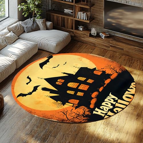 Klassischer Halloween Dekor Runder Teppich Fledermaus Schloss Mond Kürbis Cartoon Teppich Waschbar Weiche niedrigflorige Flächenteppiche für Kinderzimmer Balkon 160cm Klassischer Halloween Dekor Runder Teppich Fledermaus Schloss Mond Kürbis Cartoon Teppich Waschbar Weiche niedrigflorige Flächenteppiche für Kinderzimmer Balkon 160cm von LANDERSION
