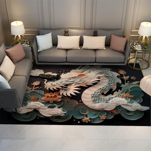 LANDERSION 3D Dragon Area Teppich für Nachttisch Chinesischer Stil Traditionelle Haustürmatte Waschbarer Teppich für den Innenbereich Weiche dünne rutschfeste Teppiche für Wohnzimmer 135x170cm von LANDERSION