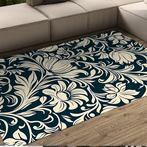 LANDERSION Abstrakte Moderne Teppiche Weiß Blau Pflanze Blumenmuster Retro Kunst Ästhetischer Teppich Nicht Haarausfall Pflegeleichter Teppich für Schlafzimmer Büro 150x210cm von LANDERSION