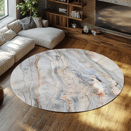 LANDERSION Abstrakter runder Teppichdurchmesser mit Marmormuster moderner Akzentteppich im Used Stil Rutschfester Teppich für Wohnzimmer Waschküchen Dekor 80cm von LANDERSION