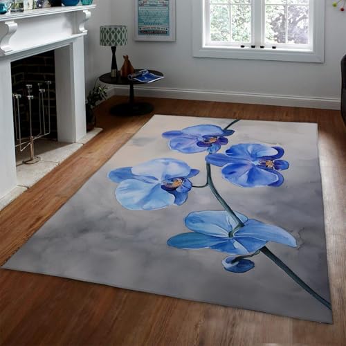 Abwaschbare Aquarellmalerei Blaue Orchidee Bereich Teppiche Grau Rutschfester niedriger Flor Ultra Soft Boden Teppich für Wohnzimmer Eingangsbereich Veranda 100x150cm Abwaschbare Aquarellmalerei Blaue Orchidee Bereich Teppiche Grau Rutschfester niedriger Flor Ultra Soft Boden Teppich für Wohnzimmer Eingangsbereich Veranda 100x150cm von LANDERSION