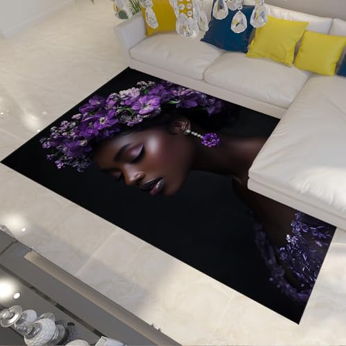 Afroamerikanerin Schwarze Frau Bereich Teppich Schöner lila Blumen Kopfschmuck Akzent Teppiche Waschbarer weicher Niederflorteppich für den Schlafzimmereingang 90x120cm Afroamerikanerin Schwarze Frau Bereich Teppich Schöner lila Blumen Kopfschmuck Akzent Teppiche Waschbarer weicher Niederflorteppich für den Schlafzimmereingang 90x120cm von LANDERSION