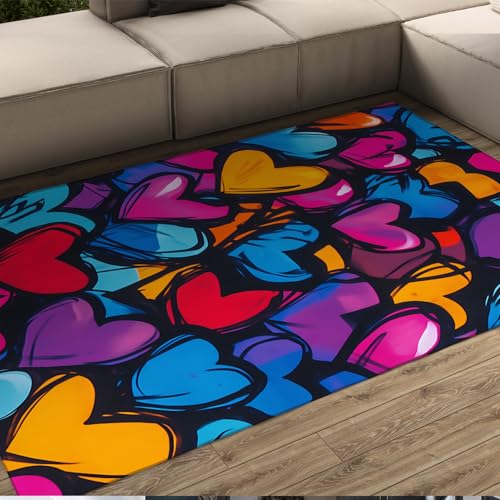 LANDERSION Aquarell Graffiti Liebe Herz Bereich Teppich Moderner bunter Teppiche für Wohnzimmer Rutschfester weicher Teppich für Schlafzimmer Esszimmer Eingang 60x90cm von LANDERSION