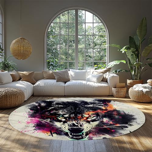 LANDERSION Aquarell Wolf Round Teppich Waschbarer Rutschfester 3D Tierkreis Teppiche für Bürostuhl Low Flor Indoor Teppich für Teenager Zimmer Dekor 150cm LANDERSION Aquarell Wolf Round Teppich Waschbarer Rutschfester 3D Tierkreis Teppiche für Bürostuhl Low Flor Indoor Teppich für Teenager Zimmer Dekor 150cm von LANDERSION