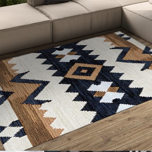 LANDERSION Azteken Indianer ethnischer Stamm geometrischer Teppich Retro exotischer waschbarer Akzentteppich Bauernhaus rustikale dünne Teppiche für Wohnzimmer Büro 160x200cm von LANDERSION