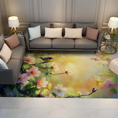 LANDERSION Blume Vogel Bereich Teppich Baum AST Frühling Teppiche für Wohnzimmer Begonie Blumen Design Waschbar Innenbo Teppich Wohnkultur Grün 100x150cm von LANDERSION