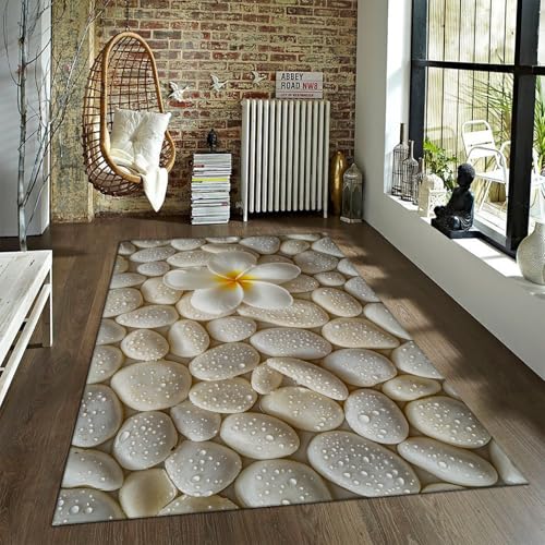 LANDERSION Blume Weiße Steine Druck Teppich rutschfest Waschbar Weich Gemütlich Bereich Teppiche Modernes Design Spa Thema Teppich für Wohnzimmer Schönheitssalon 150x210cm von LANDERSION