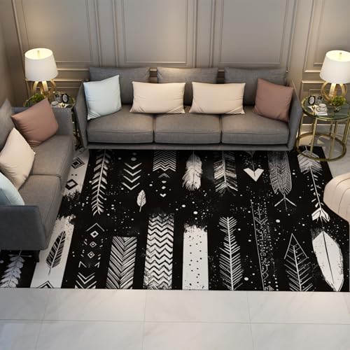 LANDERSION Boho Feder Bereich Teppiche Ureinwohner Amerikas ethnischer Stamm schwarzer Teppich niedriger Flor waschbarer Rutschfester Trägerteppich für Wohnzimmer Schlafzimmer 180x300cm von LANDERSION
