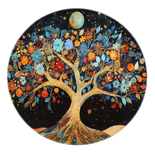 LANDERSION Boho Floral Baum des Lebens Runde Fläche Teppiche Fantasie Sternenhimmel Muster Stuhlmatte Rutschfester Niederflorteppich für Wohnzimmer Nachttisch Schlafsaal 200cm von LANDERSION