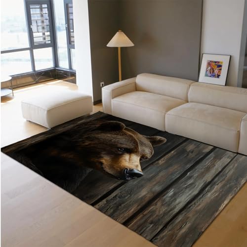 Brauner Bär Bereich Teppiche Vintage Wildtier Holz Hintergrund Bedruckter Teppich Weich waschbar niedrigfloriger Rutschfester Teppich für Wohnzimmer Schlafzimmer 60x90cm von LANDERSION