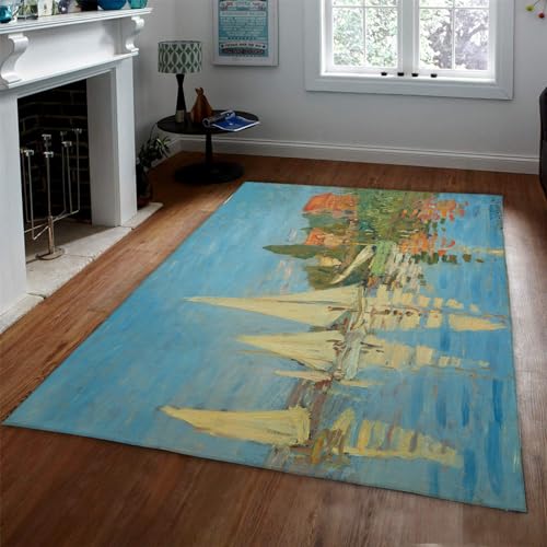 LANDERSION Claude Monet Teppiche Regatta in Sainte-Adresse Bedruckter Teppich Rutschfester waschbarer Fußmatte mit Kleiner Tür Klassischer Eingangsteppich im Küstenstil 135x170cm von LANDERSION