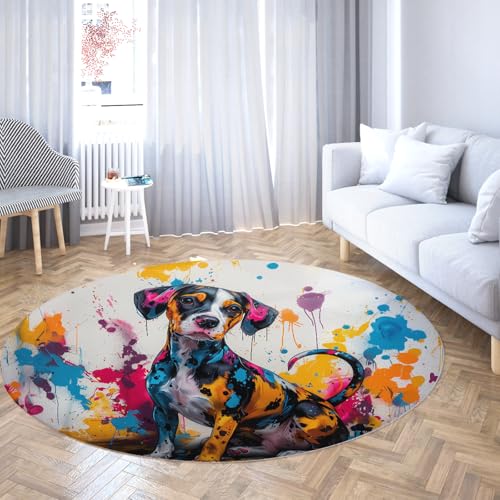 LANDERSION Doodle Animal Round Area Teppich Bunte Welpe Splash Art Living Accent Teppiche Weicher waschbarer Rutschfester Teppich für Wohnzimmer Spielzimmer 140cm von LANDERSION