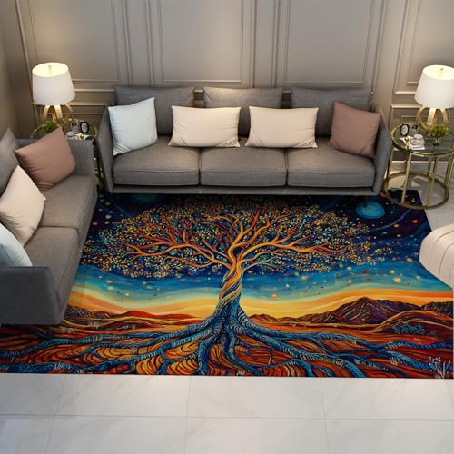 LANDERSION Eleganter Baum Lebens Teppich Blau Gold Abstrakter magischer Baum Sternenhimmel Muster Teppich Waschbare Soft Throw Bereich Teppiche für Schlafzimmer Arbeitszimmer 160x230cm von LANDERSION