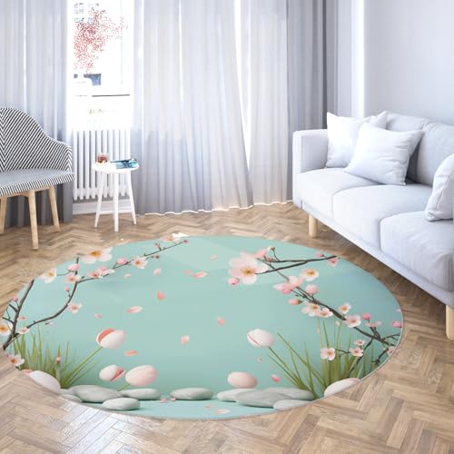 LANDERSION Frische Natur Bodenmatte 140cm Japanische Kirschblüte Tulpe Stein Kunst Frühling Blumen waschbar dünne runde Fläche Teppiche für Wohnzimmer Schlafzimmer von LANDERSION
