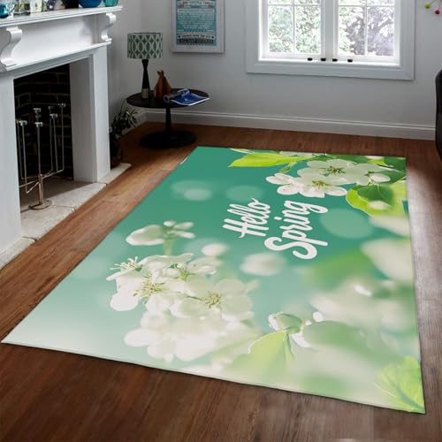 Frische grüne Teppiche Frühling Blumen helles Design Wohnzimmer Akzent Teppich Waschbarer Rutschfester Niederflorteppich für Kinderzimmer Lounge 140x200cm von LANDERSION