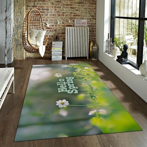 LANDERSION Frühling Thema Bereich Teppiche Lebendige Pflanzen Blumen mit Wörtern Muster Teppich Ultra Weicher Rutschfester waschbarer Teppich für Wohnzimmer Esszimmer 180x240cm von LANDERSION