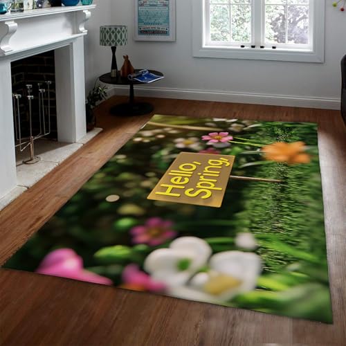 LANDERSION Frühling Thema Teppich Grün Rasen mit Buchstabendruck Eingangsteppiche Waschbare rutschfeste großflächige Teppiche für Wohnzimmer Schlafzimmer 140x200cm von LANDERSION