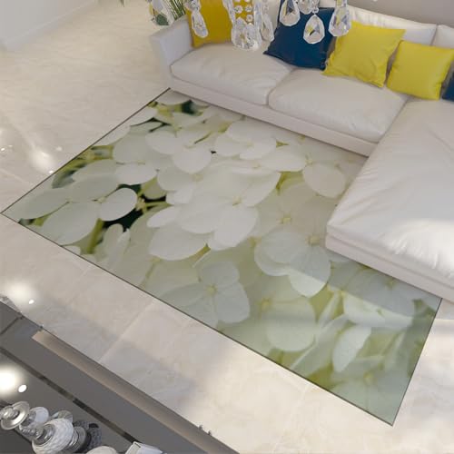 LANDERSION Frühlingshafte Elegante Teppiche mit weißen Blumen, helle Hortensien-Teppiche, Rutschfester Teppich für Schlafzimmer, Wohnzimmer, Babyzimmer neben dem Bett 100x150cm von LANDERSION
