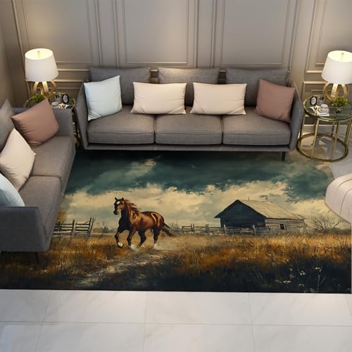 LANDERSION Galoppierendes Pferd Bereich Teppich Lodge Gras Bauernhof Dekor Teppich für Jungen Teenager Waschbare niedrigflorige Flauschige Wohnzimmerteppiche für Bauernhaus 80x150cm von LANDERSION