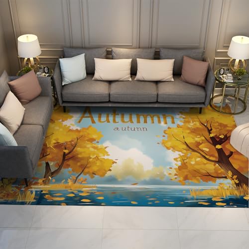 LANDERSION Herbst Märchenteppich Gelbe Bäume Blauer Himmel See Landschaft Muster Akzent Teppich Niedrigflor Falten Bereich Teppiche für Esszimmer Studio Schlafsaal 100x150cm von LANDERSION