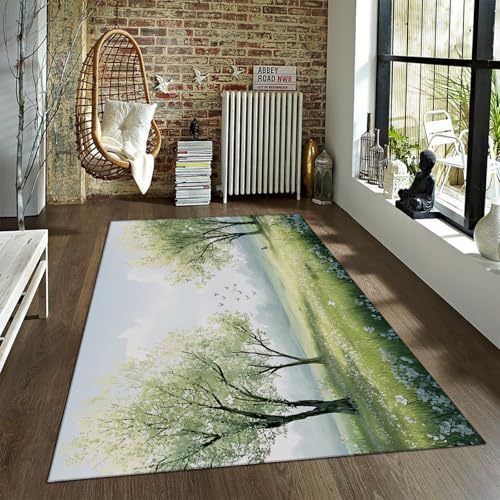 Indoor Outdoor Waschbarer Teppich Frühling Lebendige Pflanze Baum Rasen Bedruckte Fläche Teppiche Rutschfester Flacher Flor Faltbarer Teppich für Camping Balkon 120x180cm von LANDERSION