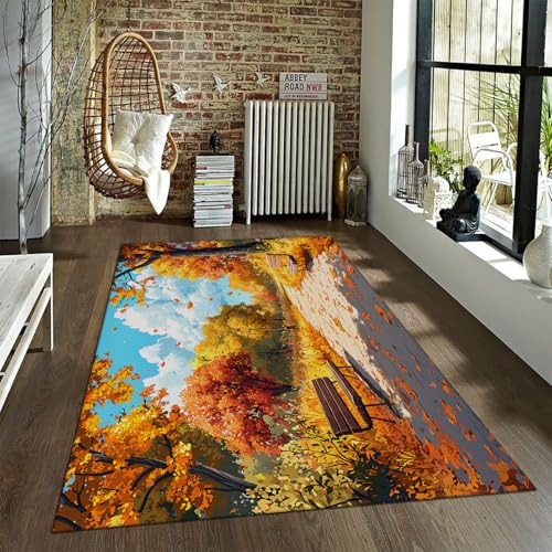 Japanische Anime Herbst Park Bereich Teppiche Gemütliche Bank Orange Blätter Akzent Teppich Illustratives Dekor Waschbarer Teppich für Kindergarten Klassenzimmer 180x240cm von LANDERSION