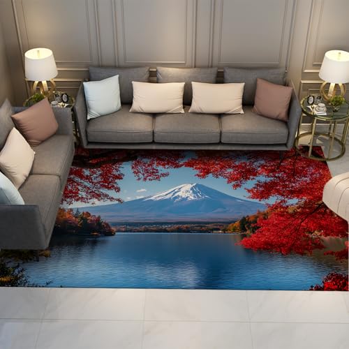 Japanische Teppiche Rote Kirschblüte Mount Fuji Lakeside Natural Scenery Teppich für Eingangsbereich Schlafzimmer Anti-Rutsch Niederflor Fußmatten 160x230cm von LANDERSION
