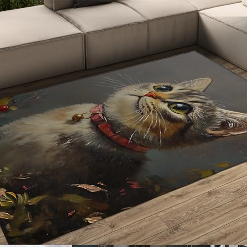Katze Bereich Teppich Gelb Große Augen Grau Braun Tierdruck Muster Teppiche Modernes Design Dünner Teppich für Wohnzimmer Schlafzimmer Wohnung 120x240cm von LANDERSION