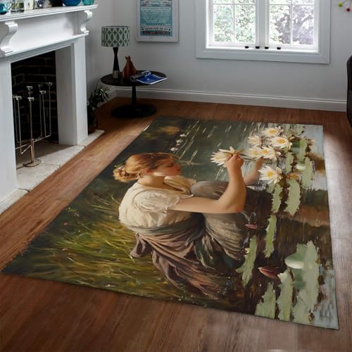LANDERSION Klassischer Realismus Bereich Teppich Hübsche Frau Seerose Lotus Teich Natürliche Landschaft Teppiche Waschbarer niedrigfloriger Rutschfester Teppich für Studio 80x150cm von LANDERSION
