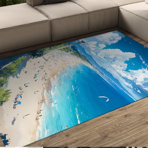 LANDERSION Lebendiger Strandbereich Teppich Blau Ozean Sommer Urlaub Anime Stil Waschbarer Teppich rutschfeste weiche Bequeme Teppiche für Wohnzimmer Kinderzimmer 180x240cm von LANDERSION