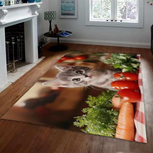 LANDERSION Lustiges Kätzchen Gemüse Küchenteppich Niedliche Katze Design Teppich mit frischen Tomatengrün Gemütliche weiche Teppiche für Esszimmer Balkon 60x90cm von LANDERSION