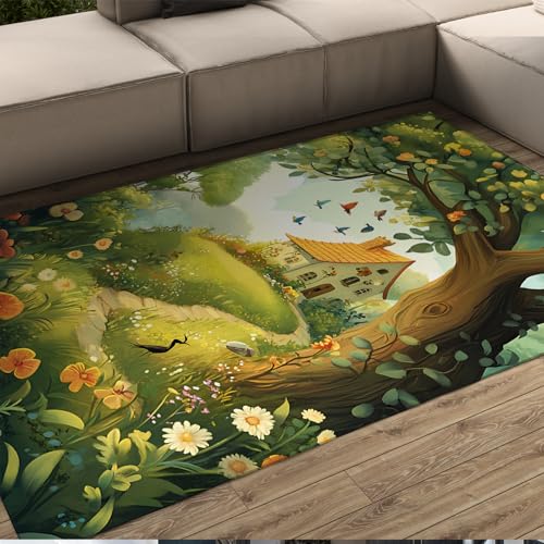 LANDERSION Märchenhafte Wald Bereich Teppiche Pastorale Pflanze Blume Grün Teppich Maschinenwaschbar Anti-Rutsch Dünner Teppich für Schlafzimmer Esszimmer Kinderzimmer 60x90cm von LANDERSION